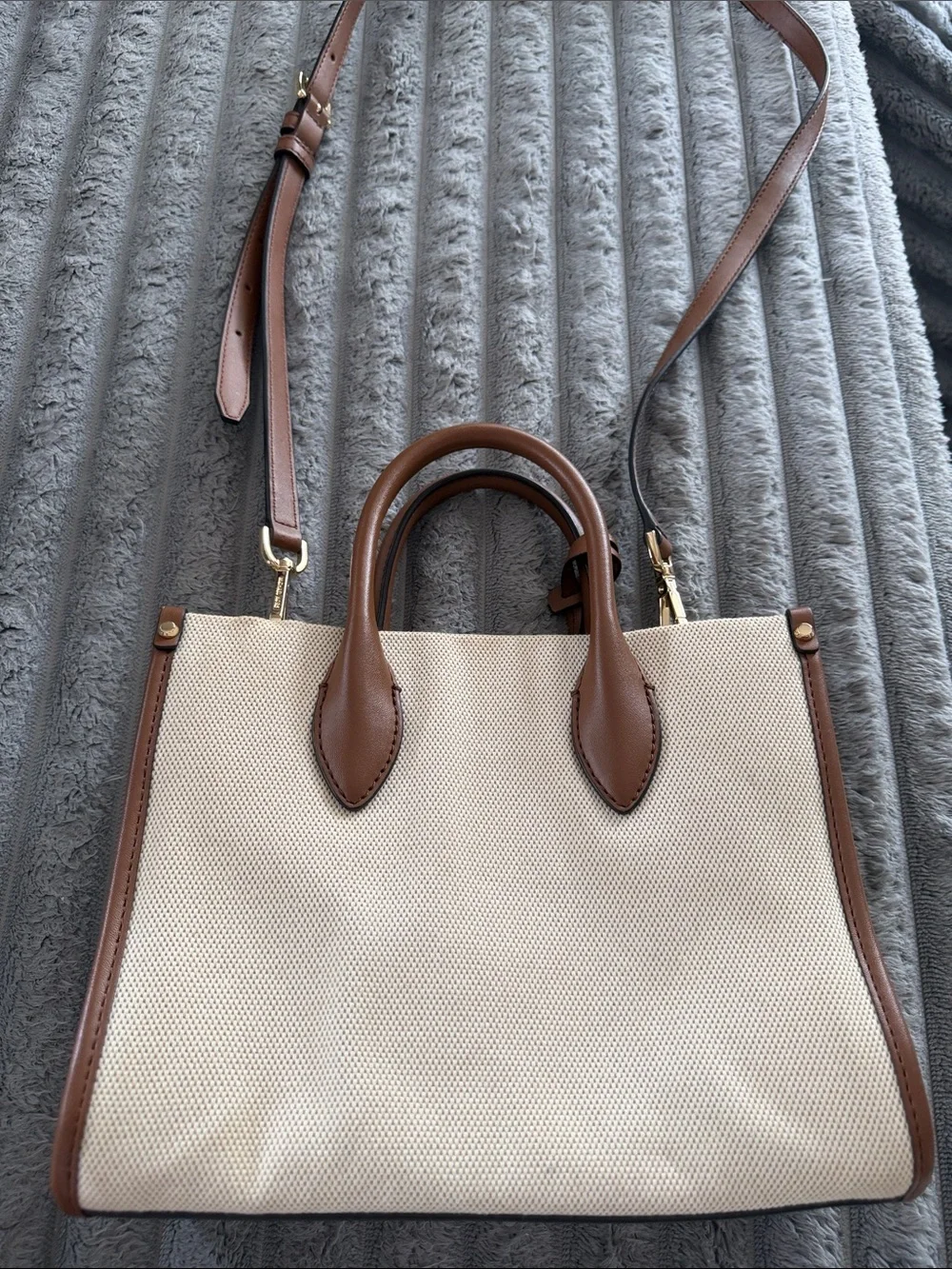 MICHAEL KORS Beige Canvas Satchel with Brown Leather Trim